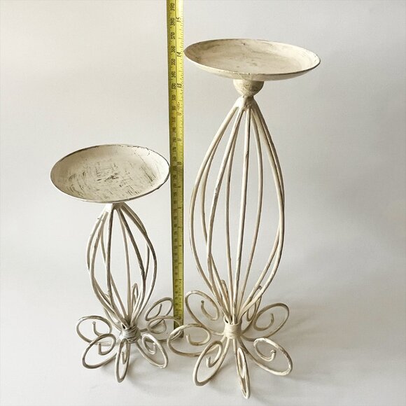 Pair of French Country Metal Wire Candle Holders Cream Gold Distressed Set 2 - Picture 2 of 5
